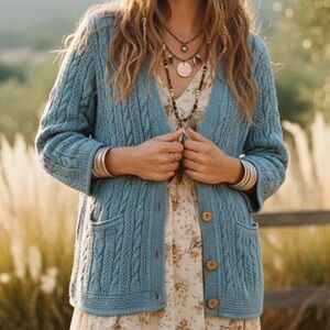 L.L. Bean Button Down Cable Knit Cotton Blue Cardigan SIZE MEDIUM